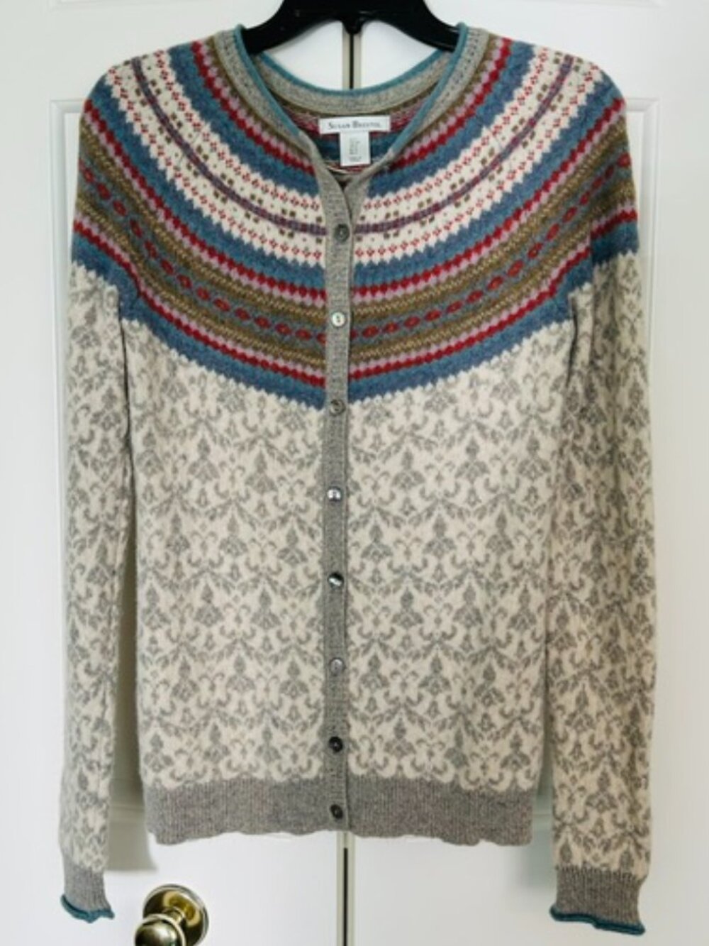 Susan Bristol EUC 100% Extra Fine Merino Wool Fair Isle Cardigan Small